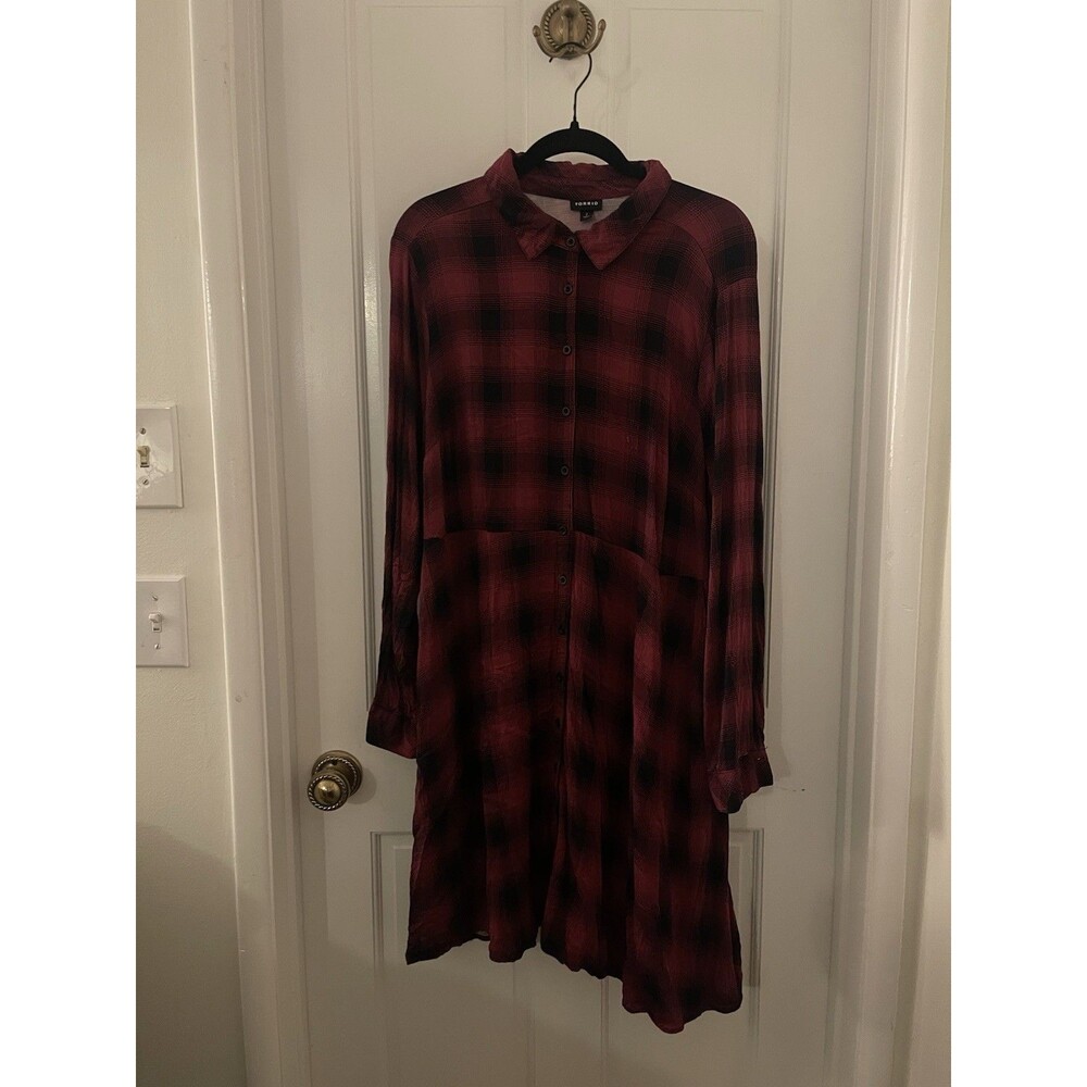 Torrid Red Plaid Button Down Collared Long Sleeve T Shirt Dress Plus Size 2
